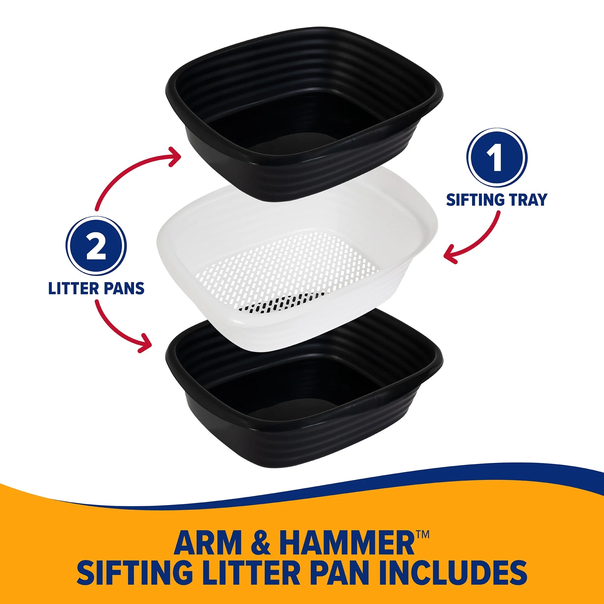 Arm & Hammer Sifting Cat Litter Box, 2 Open Top Plastic Cat Litter Pans and Cat Litter Tray, Large, Black and White