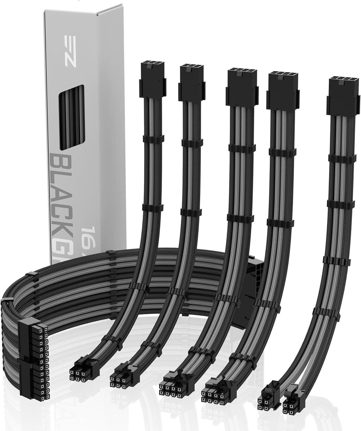 EZDIY-FAB PSU Cable Extension Kit Sleeved Cable Custom Power Supply Sleeved Extension 16 AWG 24-PIN 8-PIN 6-PIN 4+4-PIN with Combs- Black