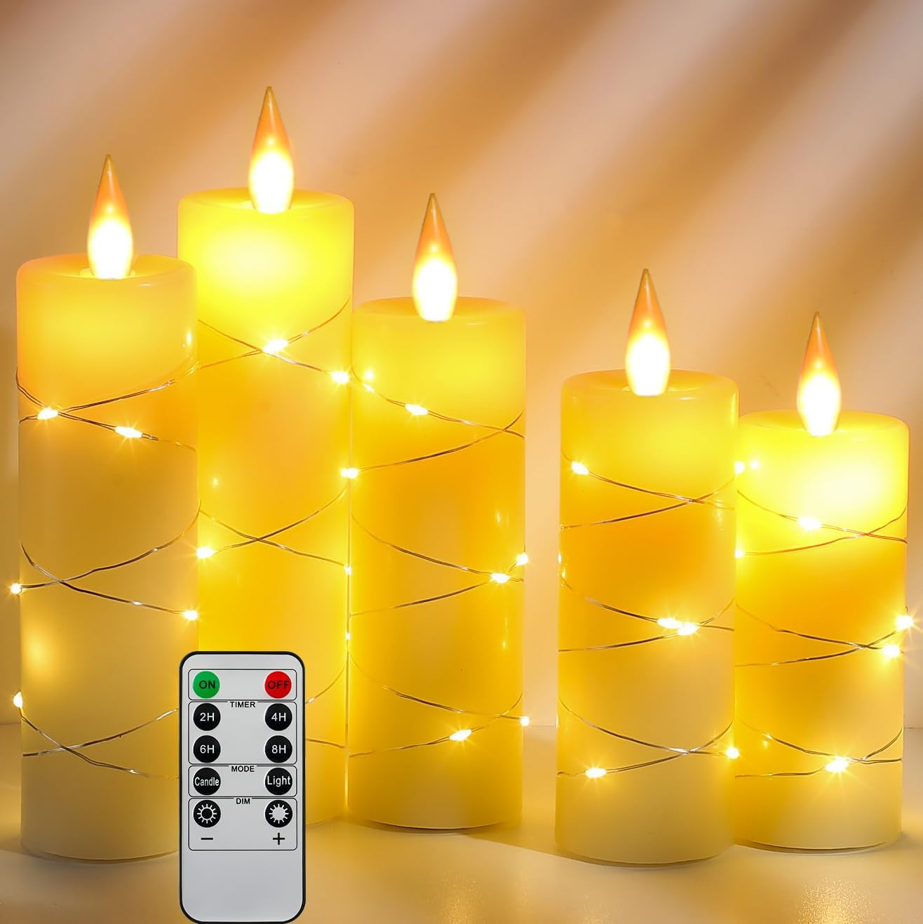 Flameless LED Candles with String Lights, Battery Operated, Flickering Effect, Remote Control and Timer, Real Wax, Set of 3 - Ivory