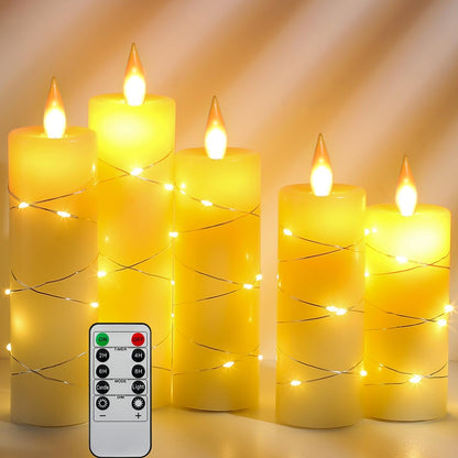 Flameless LED Candles with String Lights, Battery Operated, Flickering Effect, Remote Control and Timer, Real Wax, Set of 3 - Ivory