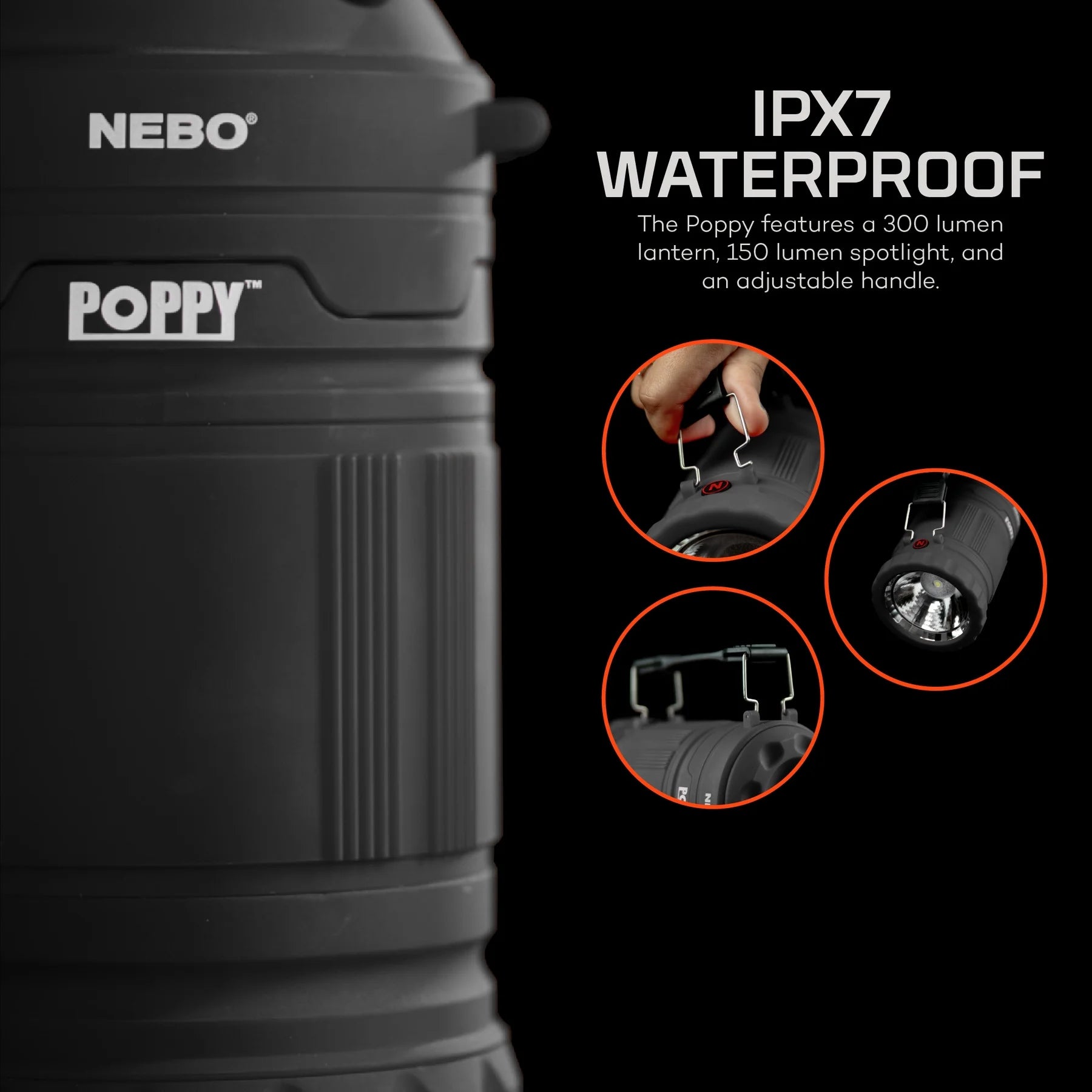 NEBO Poppy 300 Lumen Gray Lantern and 150 Lumen Spotlight, Battery Operated