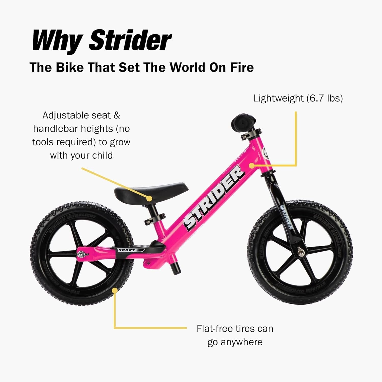 Strider 12” Sport Balance Bike for Children Aged 1 to 4 Years - Features Safety Pad, Padded Seat, Mini Grips, and Flat-Free Tires - Easy Tool-Free Assembly and Adjustments