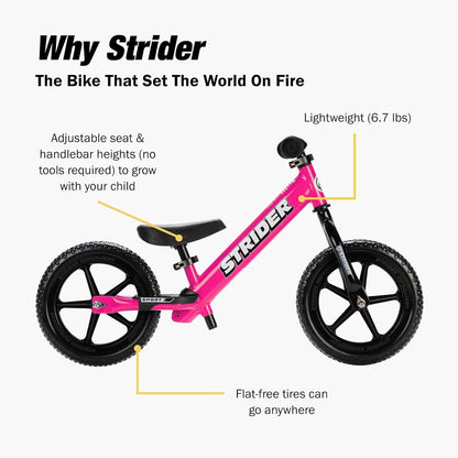 Strider 12” Sport Balance Bike for Children Aged 1 to 4 Years - Features Safety Pad, Padded Seat, Mini Grips, and Flat-Free Tires - Easy Tool-Free Assembly and Adjustments