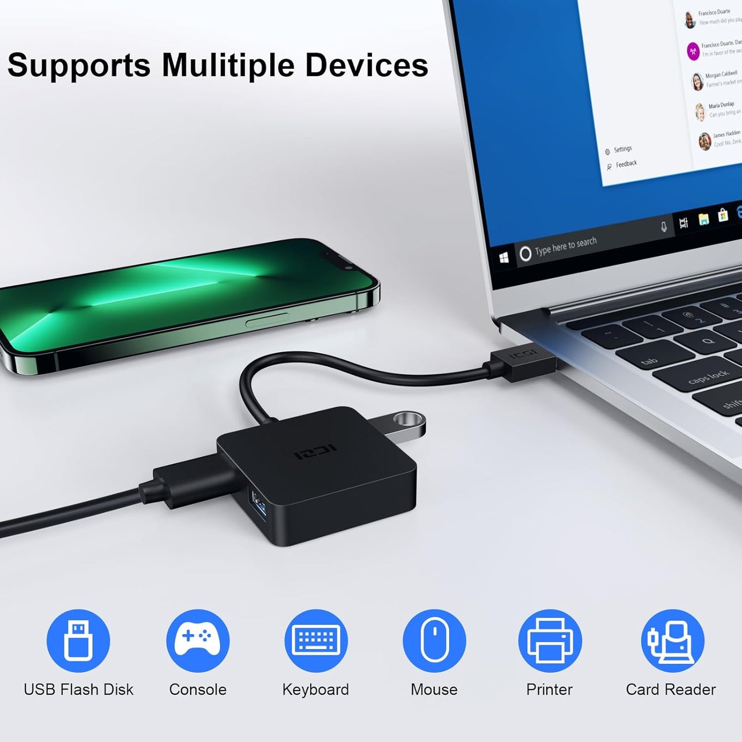 ICZI USB 3.0 Hub, 4 Ports USB Splitter Multiple Extender for Laptop, PC, Macbook, Mac Mini, Imac, Surface Pro, Mobile HDD