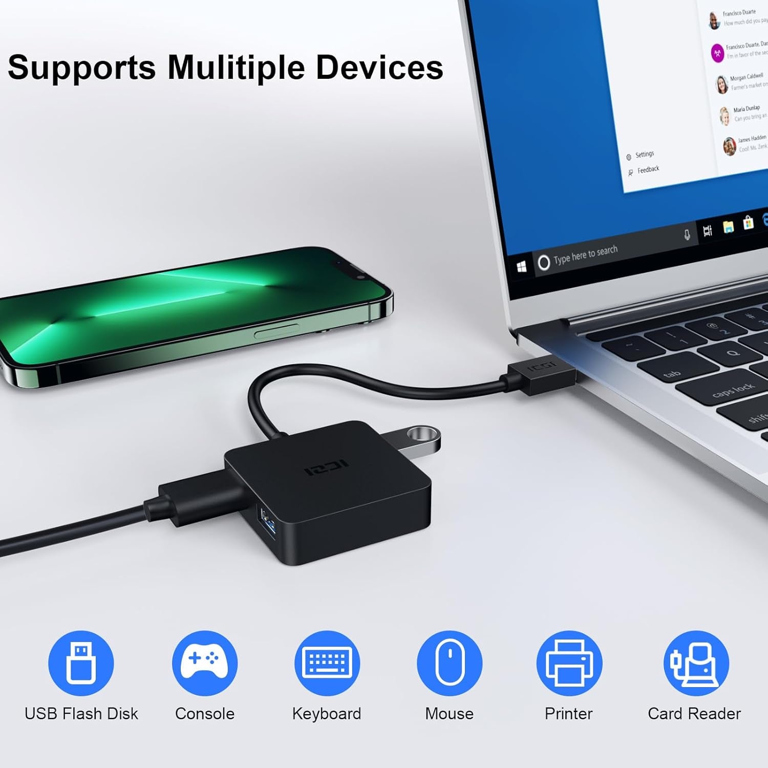 ICZI USB 3.0 Hub, 4 Ports USB Splitter Multiple Extender for Laptop, PC, Macbook, Mac Mini, Imac, Surface Pro, Mobile HDD
