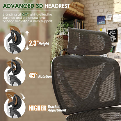 GABRYLLY Ergonomic Office Chair for Big and Tall, Mesh Design with Lumbar Support, 3D Adjustable Armrests, 215° Rotation, Adjustable Headrest, and Comfortable Seat, Supports Up to 350 lbs, Ideal for Work and Gaming - Grey