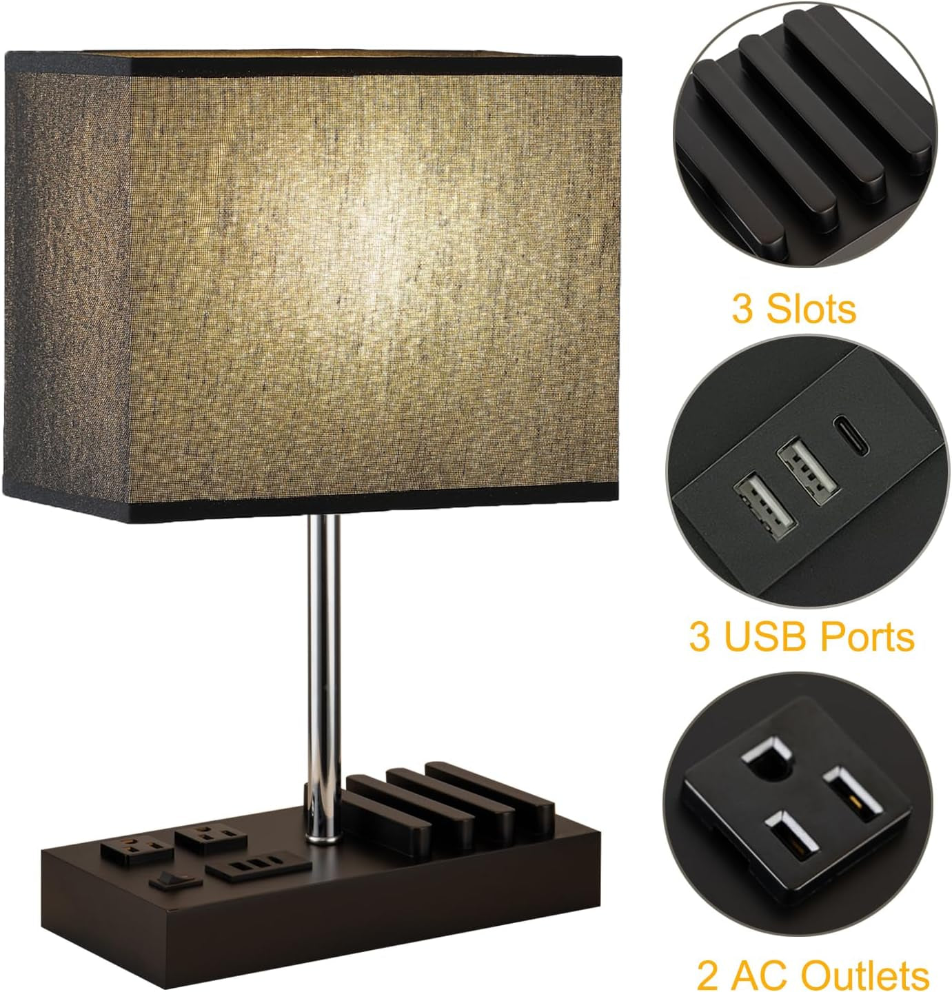 Briever USB Table Lamp: Versatile Bedside Desk Lamp with Dual AC Outlets, Triple USB Charging Ports, and Wooden Phone Stand Organizer - Perfect Nightstand Lighting Solution in Black Shade
