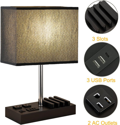 Briever USB Table Lamp: Versatile Bedside Desk Lamp with Dual AC Outlets, Triple USB Charging Ports, and Wooden Phone Stand Organizer - Perfect Nightstand Lighting Solution in Black Shade