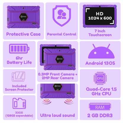 7" Kids Tablet, 2025 Model, Ages 3-7,  Academy Preloaded, Kid-Proof Case, Android Tablet, Parental Controls, 32GB – Purple