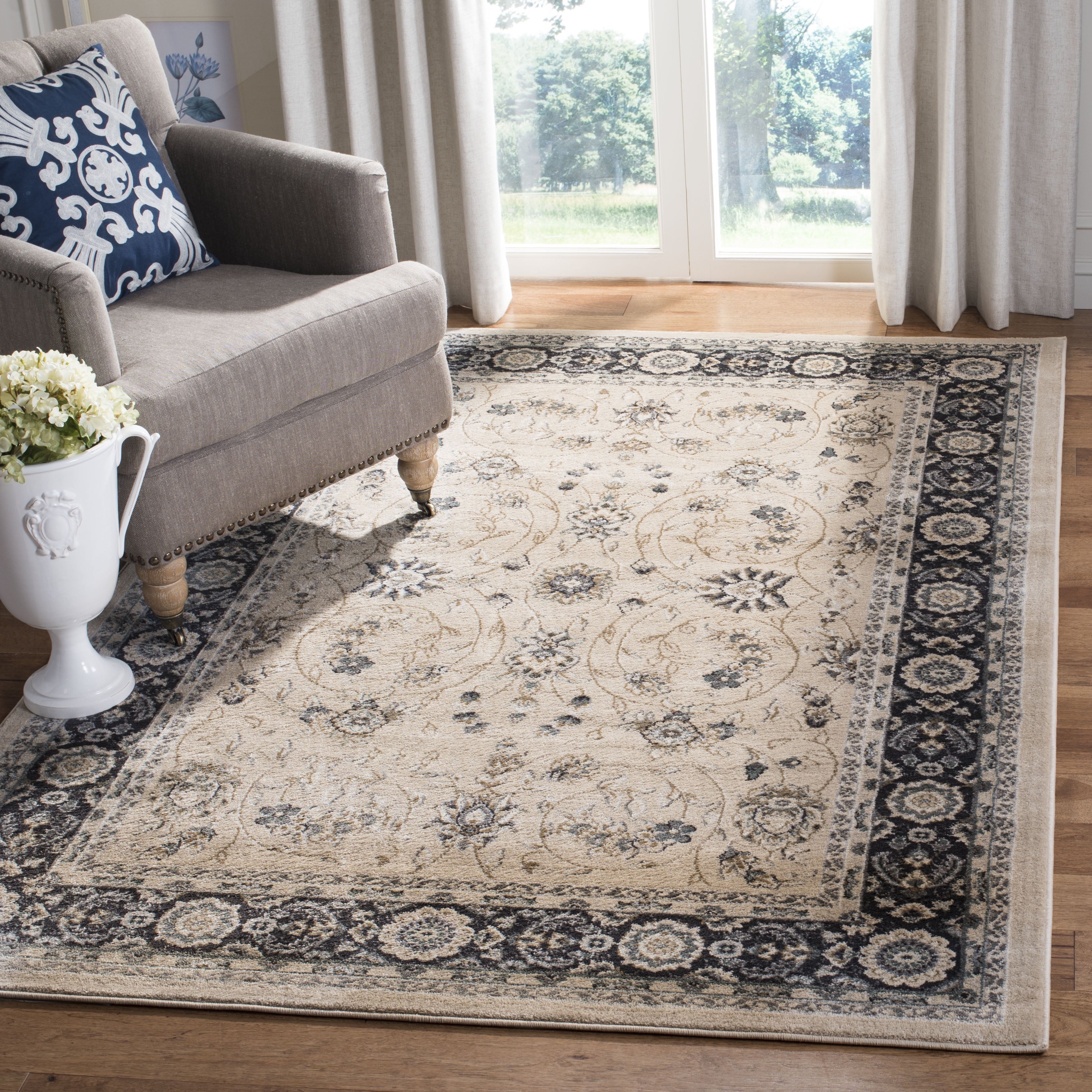 SAFAVIEH Lyndhurst Janel Traditional Bordered Area Rug, Light Beige/Anthracite, 7' X 7' Square