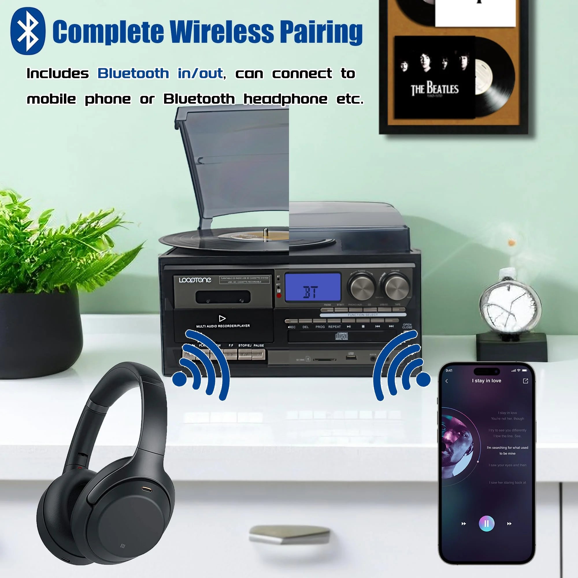 Looptone Vinyl Record Player Bluetooth In/Out Turntable CD Tape Radio USB Recorder Aux in RCA Out