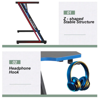 35.4In Z Shaped PC Computer Gamaing Desk with Headphone Hook,Blue