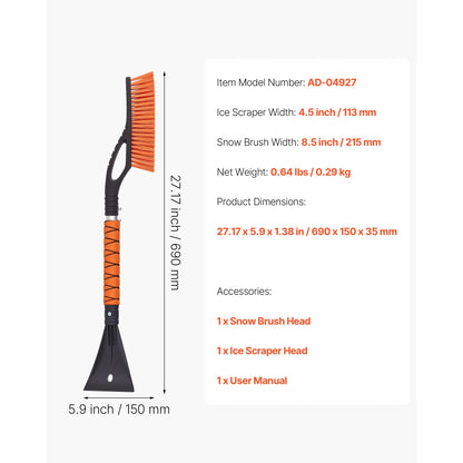 27-Inch Aluminum Snow Brush and Ice Scraper with Foam Handle and Non-Scratch Bristles - Lightweight, Portable, and Detachable Design for Vehicle Windshields