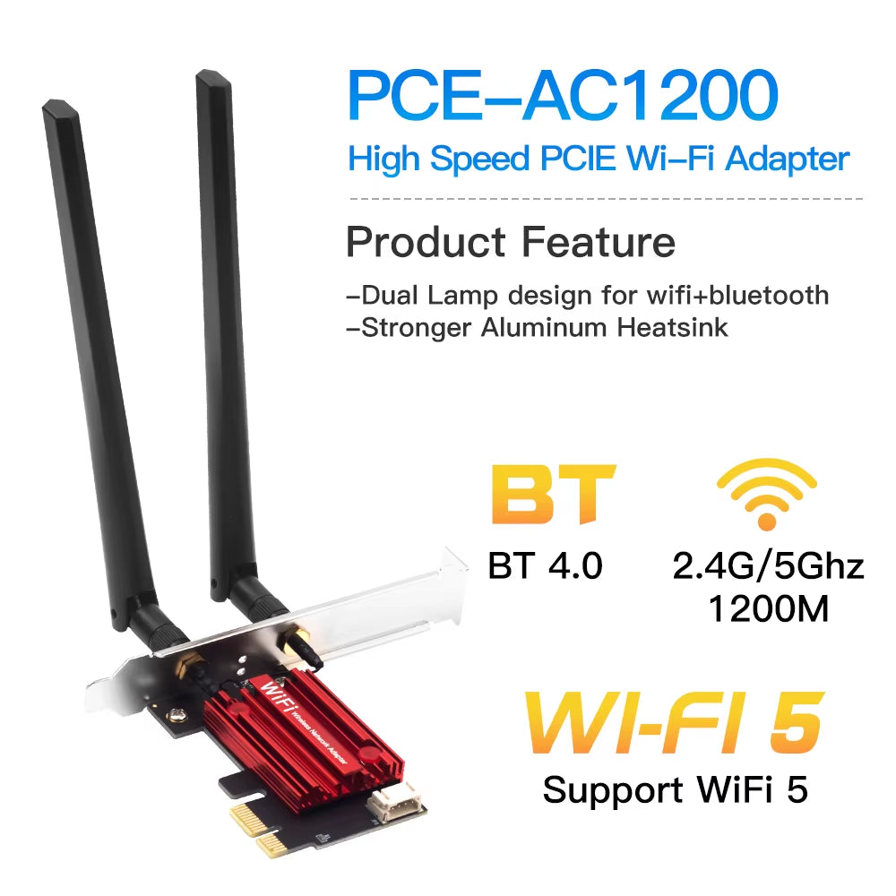 FENVI Wifi 5 PCI-E Wireless Adapter AC1200 Network Card Dual Band 2.4G/5Ghz 802.11AC for Bluetooth 4.0 Desktop Windows 7/8/10/11