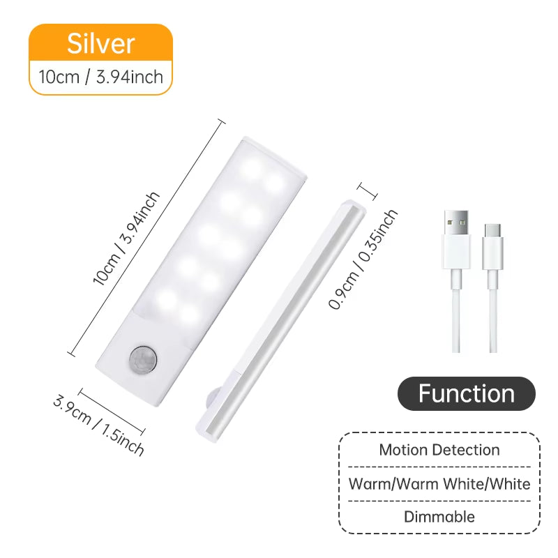 Wireless LED Motion Sensor Night Light - USB Rechargeable Under Cabinet Lamp for Kitchen and Wardrobe