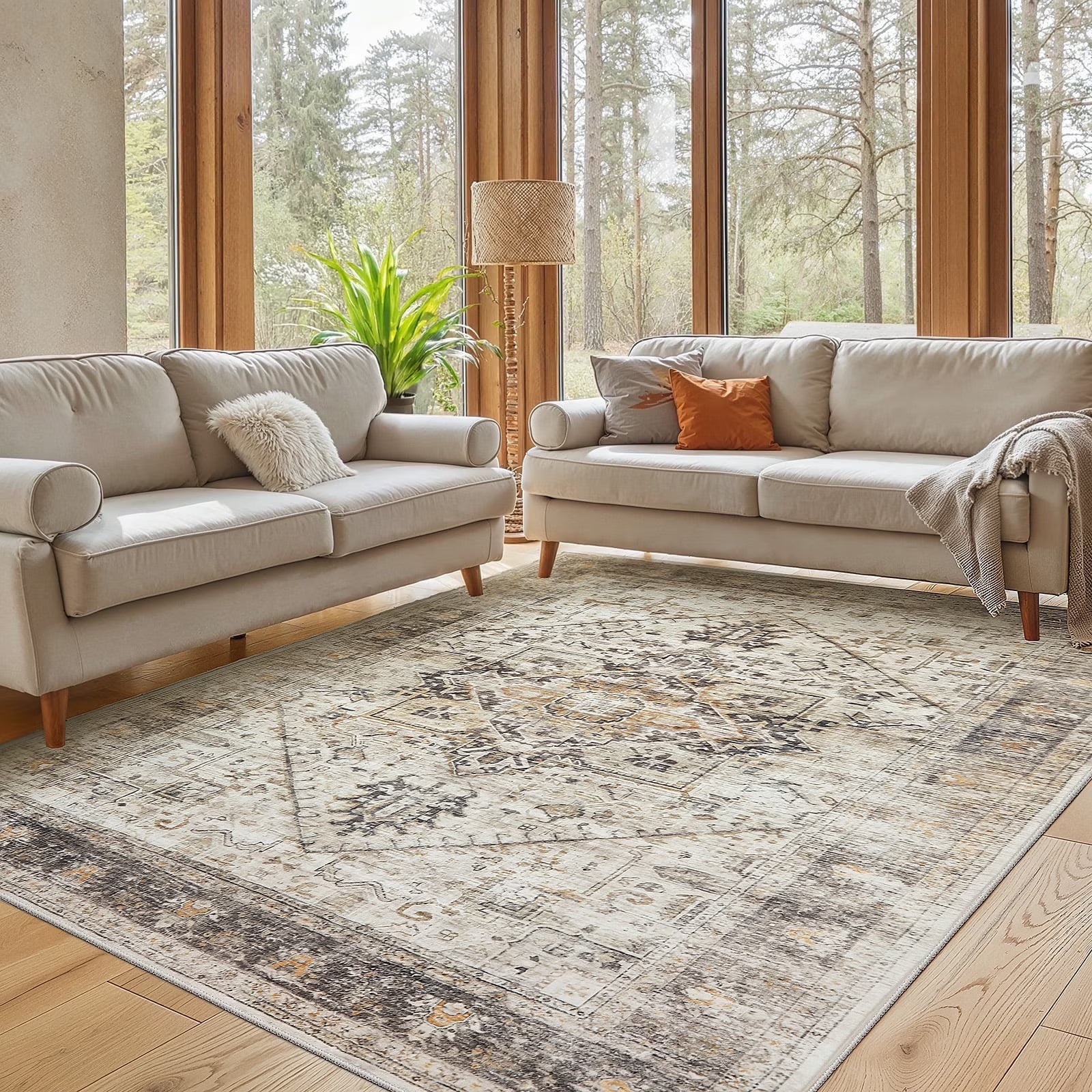 CHITOOMA 5'X7' Boho Area Rugs for Living Room, Machine Washable Stain Resistant Non-Shed Carpet, Area Rug with Non-Slip Backing for Bedroom, Dining Room, Dorm, Office