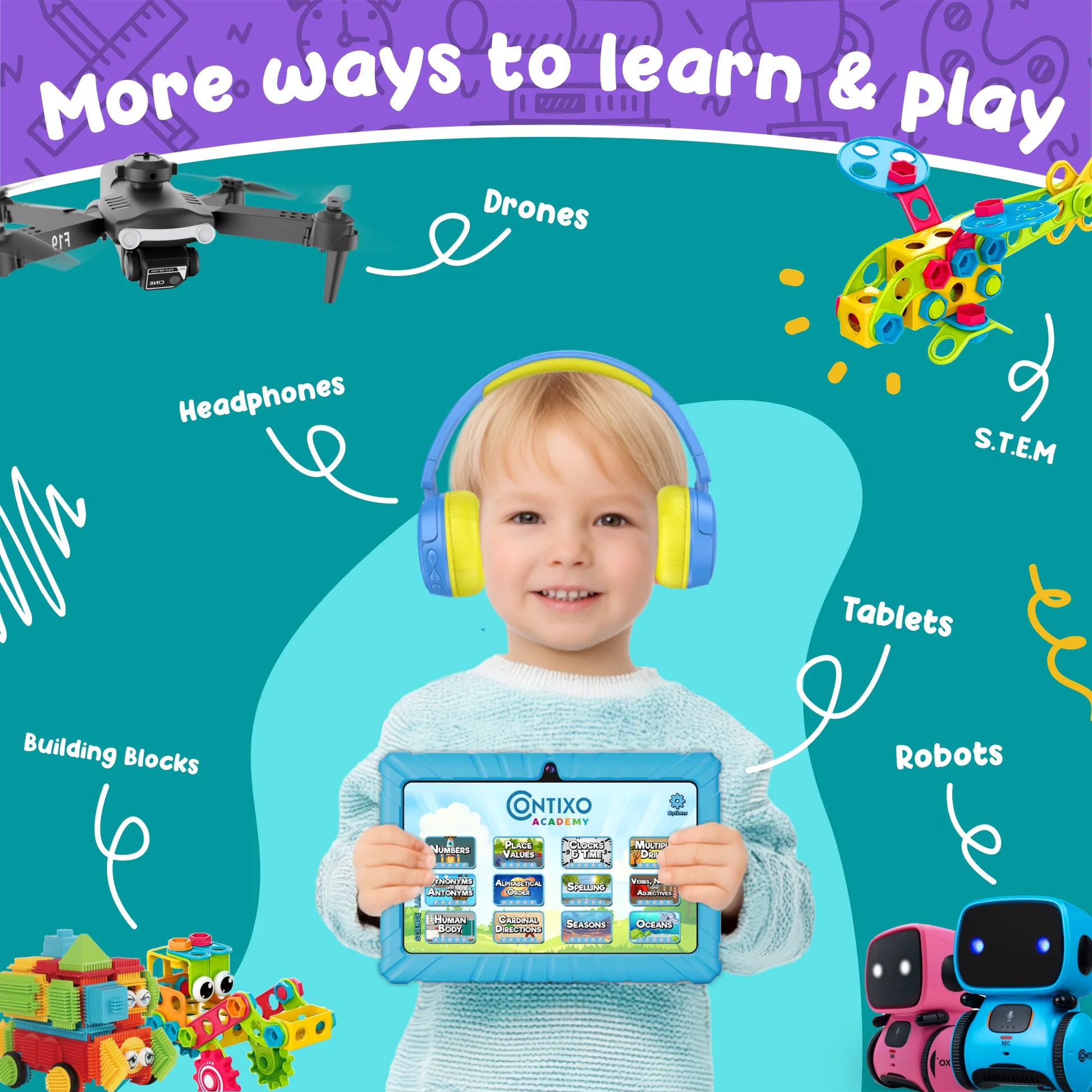 7" Kids Tablet, 2025 Model, Ages 3-7,  Academy Preloaded, Kid-Proof Case, Android Tablet, Parental Controls, 32GB – Purple