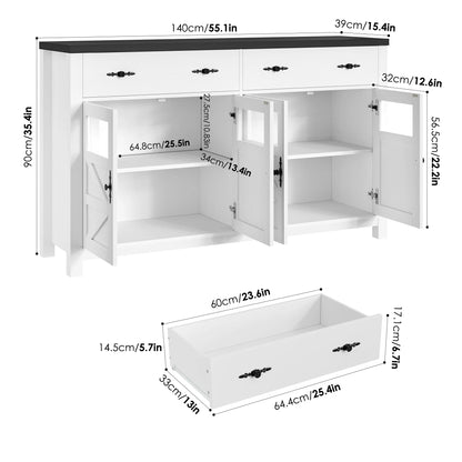 55.1" Farmhouse Kitchen Buffet Cabinet with Storage Drawer and Adjustable Shelf, Glass Door Wood Sideboard Credenza for Dining and Living Room, White and Black