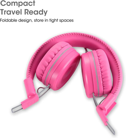 Noot Products Kids Headphones K22 Foldable Stereo Tangle-Free 5Ft Long Cord 3.5Mm Jack Plugin Wired On-Ear Headset for Ipad/Amazon Kindle Fire/Girls/School/Laptop/Travel/Plane/Tablet Flamingopink