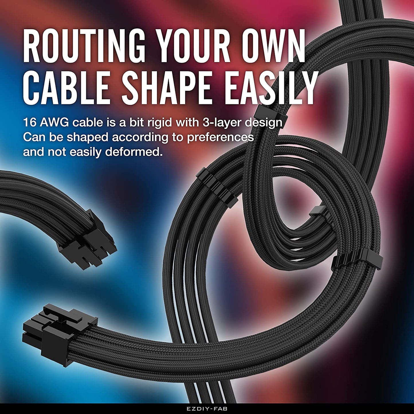 EZDIY-FAB PSU Cable Extension Kit Sleeved Cable Custom Power Supply Sleeved Extension 16 AWG 24-PIN 8-PIN 6-PIN 4+4-PIN with Combs- Black