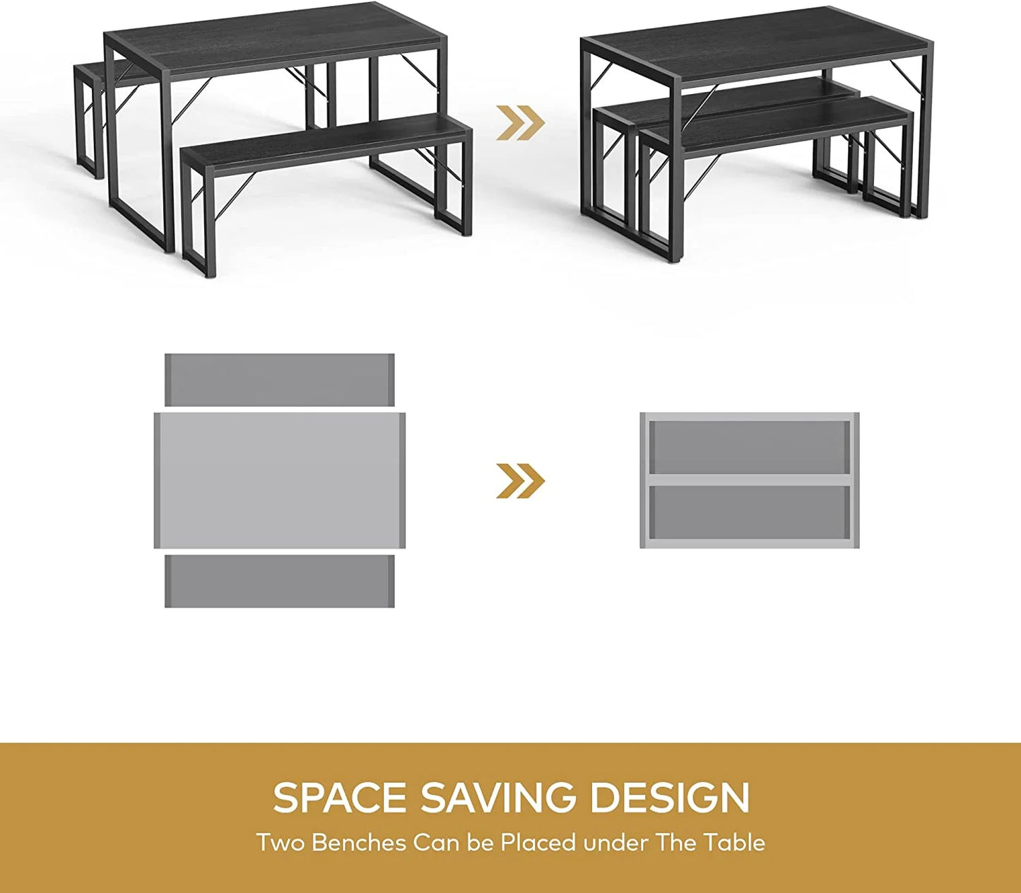 45.5" Dining Table and Bench Set for 4 - Space-Saving Black Kitchen Furniture for Apartments