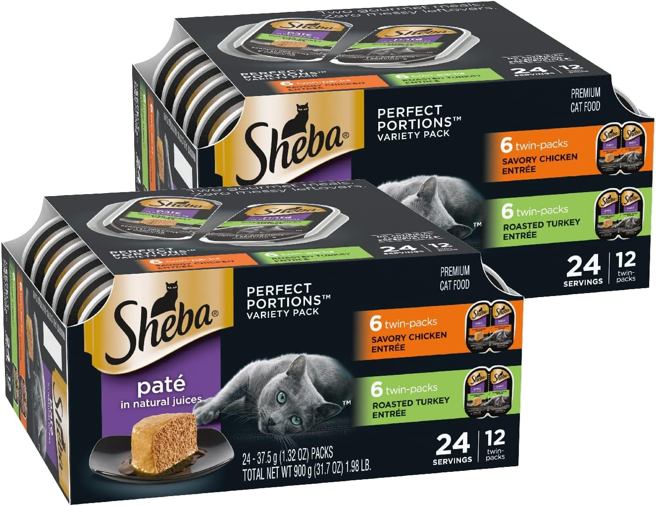 Sheba Perfect Portions Wet Cat Food Variety Pack with Sustainable Salmon, Signature Seafood Entrée, Tender White Fish, and Tuna, 2.6 Oz Twin Pack Trays (24 Count, 48 Servings)