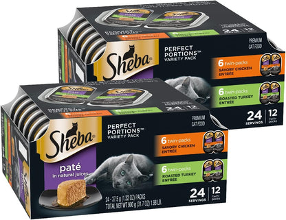 Sheba Perfect Portions Wet Cat Food Variety Pack with Sustainable Salmon, Signature Seafood Entrée, Tender White Fish, and Tuna, 2.6 Oz Twin Pack Trays (24 Count, 48 Servings)