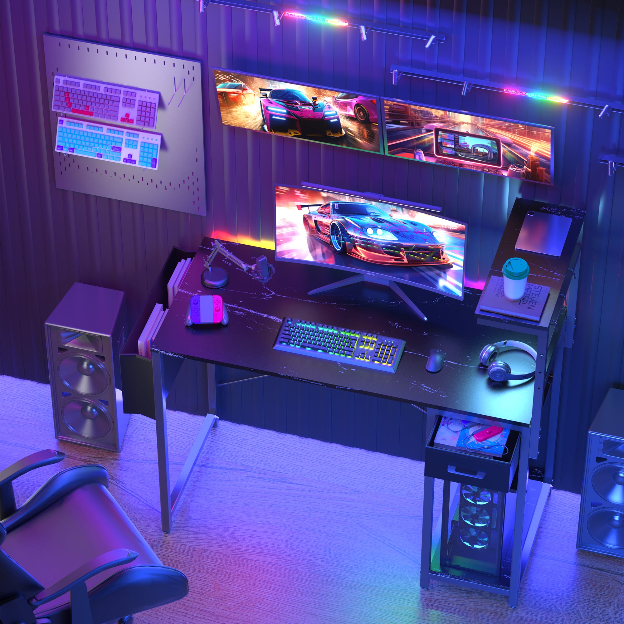 Eunon 44" Gaming Desk with LED Lights, Reversible 4 Tier Storage Shelves & Drawer Computer Desk,Black Marble