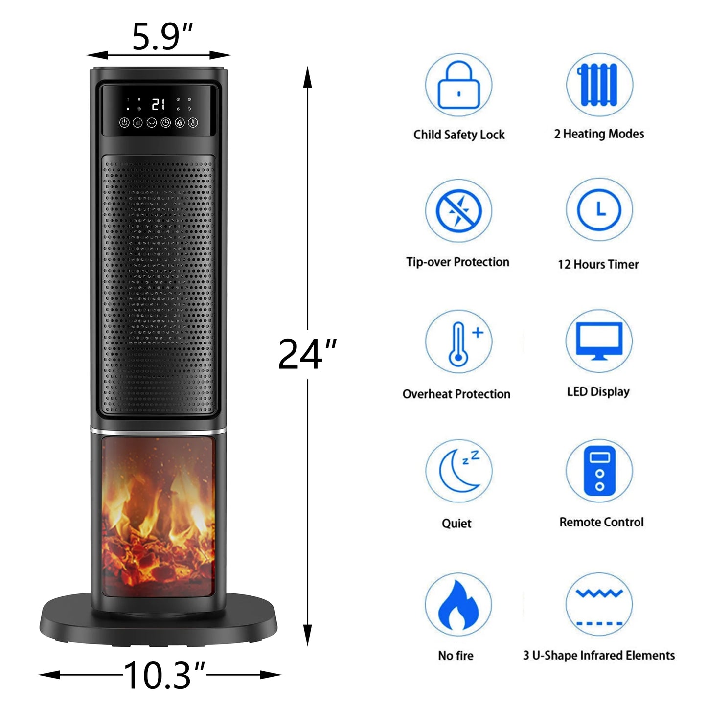 1500W Electric Space Heater with PTC Fast Heating, Ceramic Design, and 3D Realistic Flame for Office, Bedroom, and Home Safety