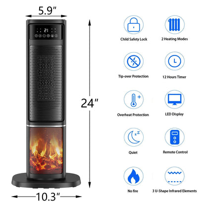 1500W Electric Space Heater with PTC Fast Heating, Ceramic Design, and 3D Realistic Flame for Office, Bedroom, and Home Safety