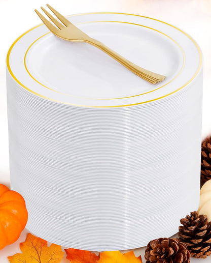 WELLIFE 120-Count Gold Glitter Plastic Dessert Plates and Forks Set, 6.5-Inch Disposable Plates and Durable Small Forks for Catering, Parties, and Weddings