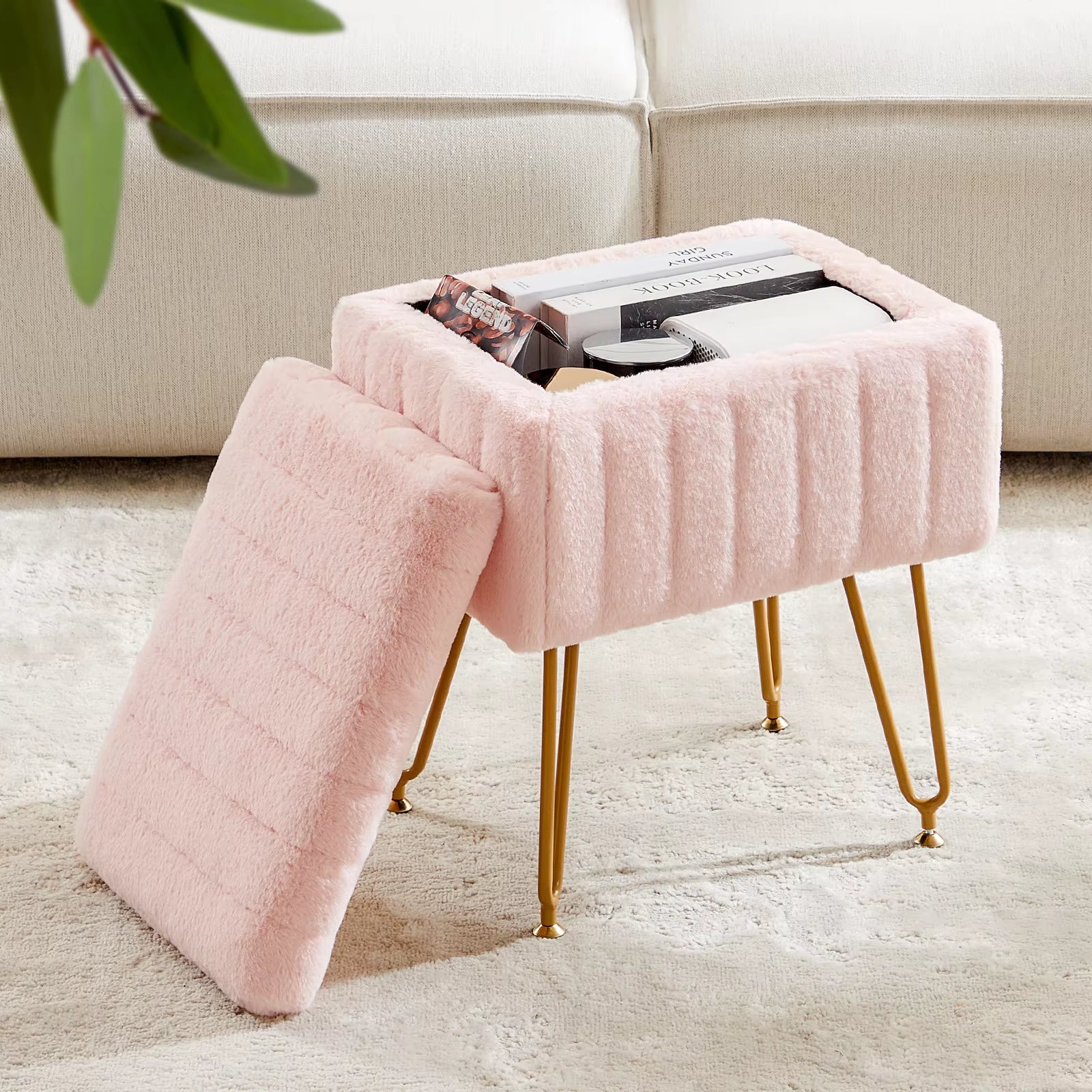 JHK Faux Fur Upholstered Storage Ottomans with Adjustable Metal Legs for Living Room and Makeup Use