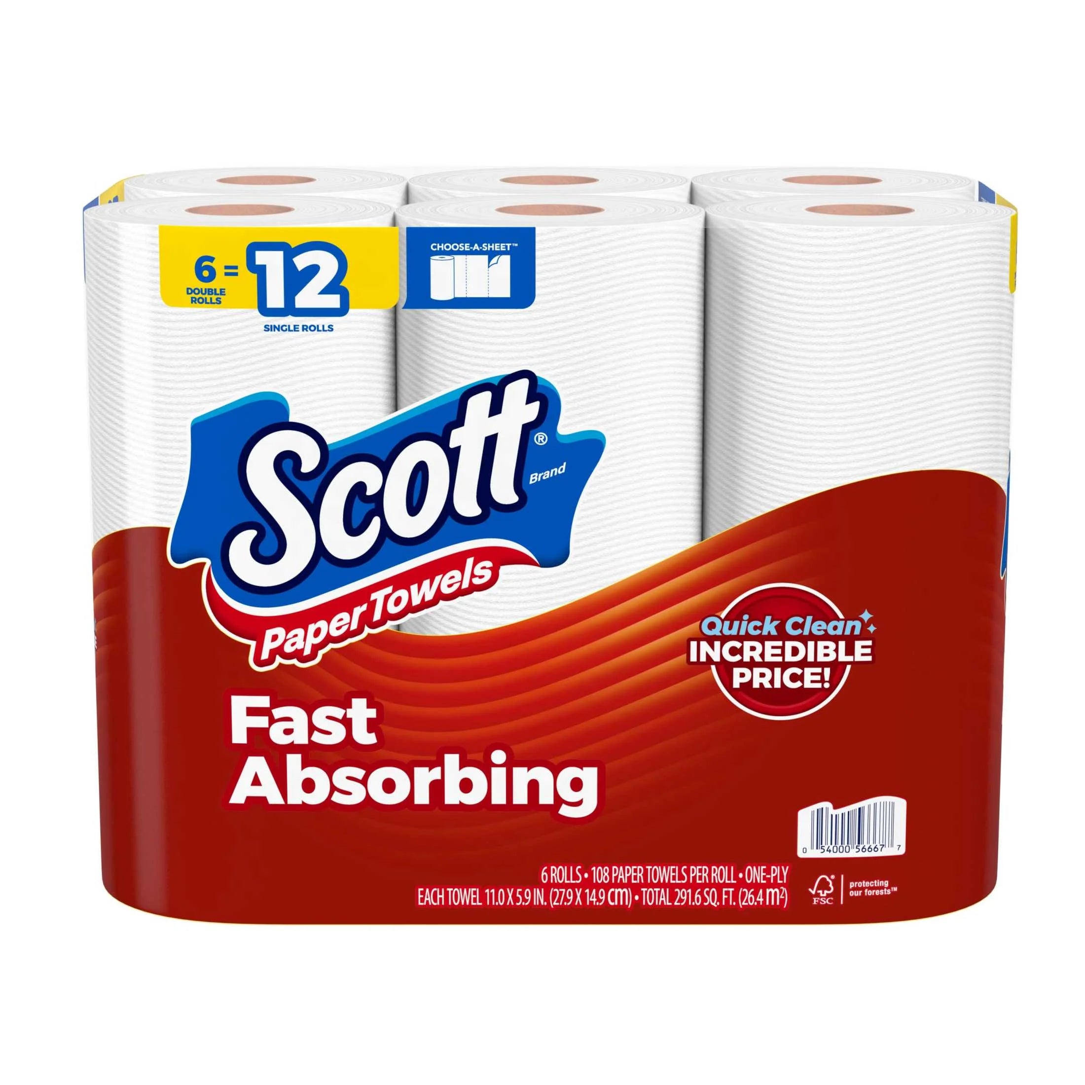 Scott Paper Towels, Choose-A-Sheet, 6 Double Rolls