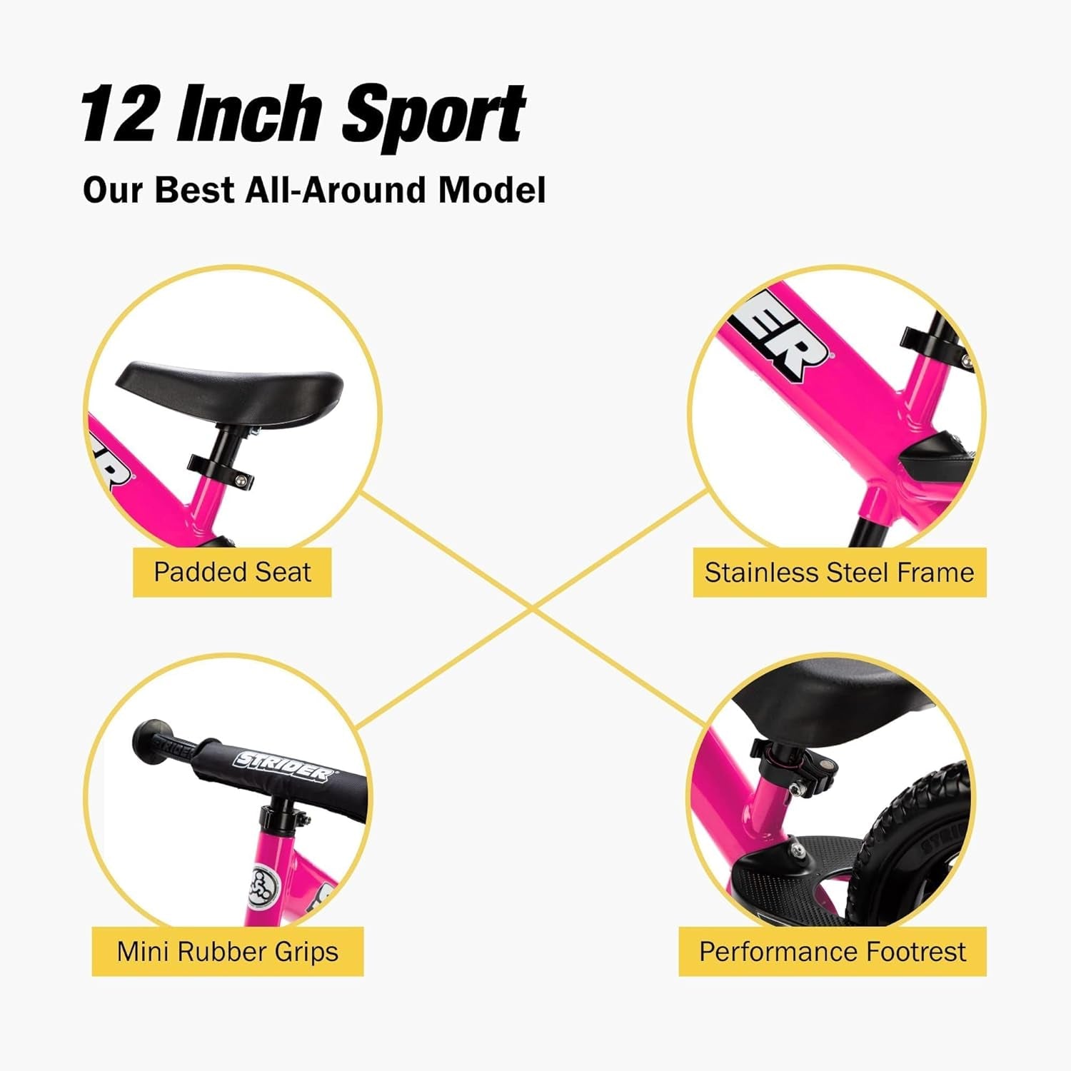 Strider 12” Sport Balance Bike for Children Aged 1 to 4 Years - Features Safety Pad, Padded Seat, Mini Grips, and Flat-Free Tires - Easy Tool-Free Assembly and Adjustments