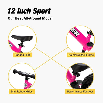 Strider 12” Sport Balance Bike for Children Aged 1 to 4 Years - Features Safety Pad, Padded Seat, Mini Grips, and Flat-Free Tires - Easy Tool-Free Assembly and Adjustments