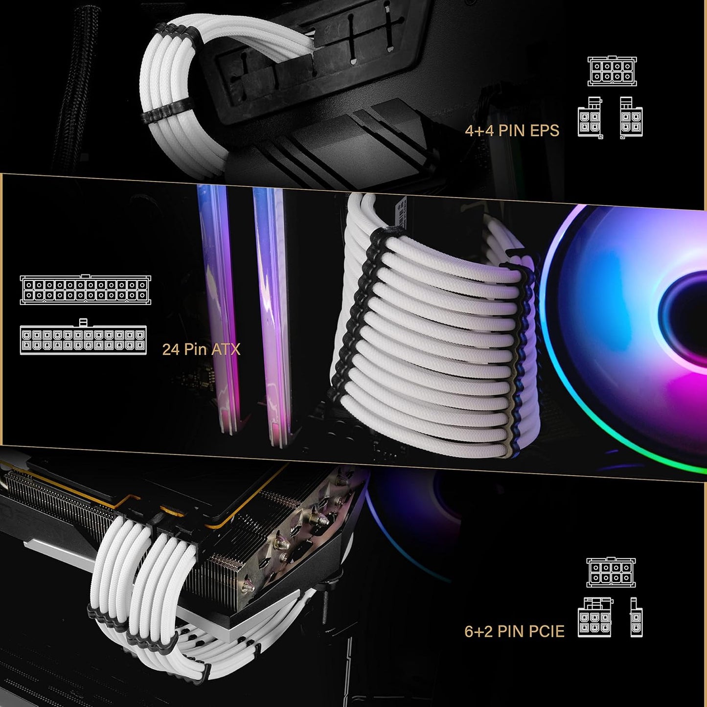 EZDIY-FAB PSU Extension Cable Sleeved Custom Mod PC Power Supply Cable, Soft Nylon Braided with Comb Kit 24PIN/8PIN to 6+2Pin/ 8PIN to 4+4PIN-30CM 300MM - White