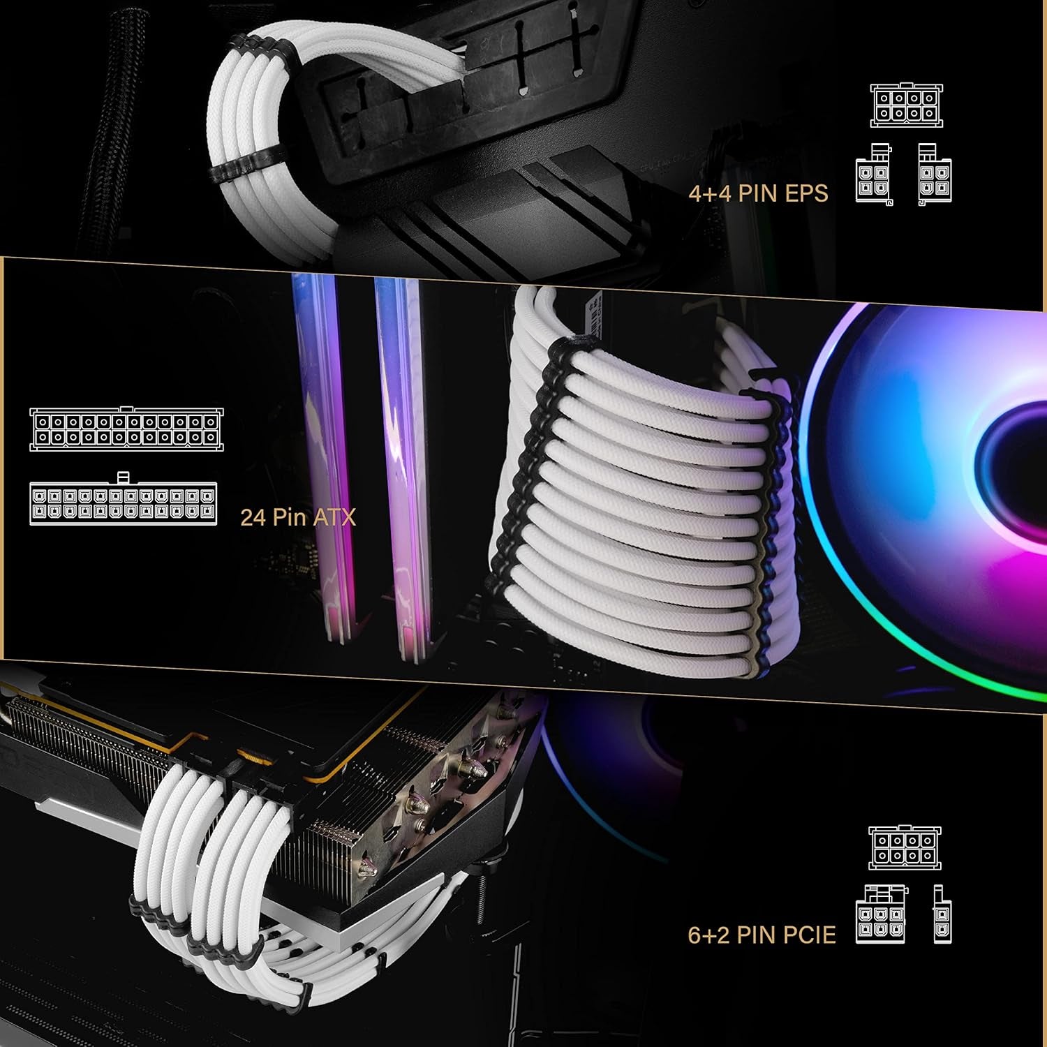 EZDIY-FAB PSU Extension Cable Sleeved Custom Mod PC Power Supply Cable, Soft Nylon Braided with Comb Kit 24PIN/8PIN to 6+2Pin/ 8PIN to 4+4PIN-30CM 300MM - White