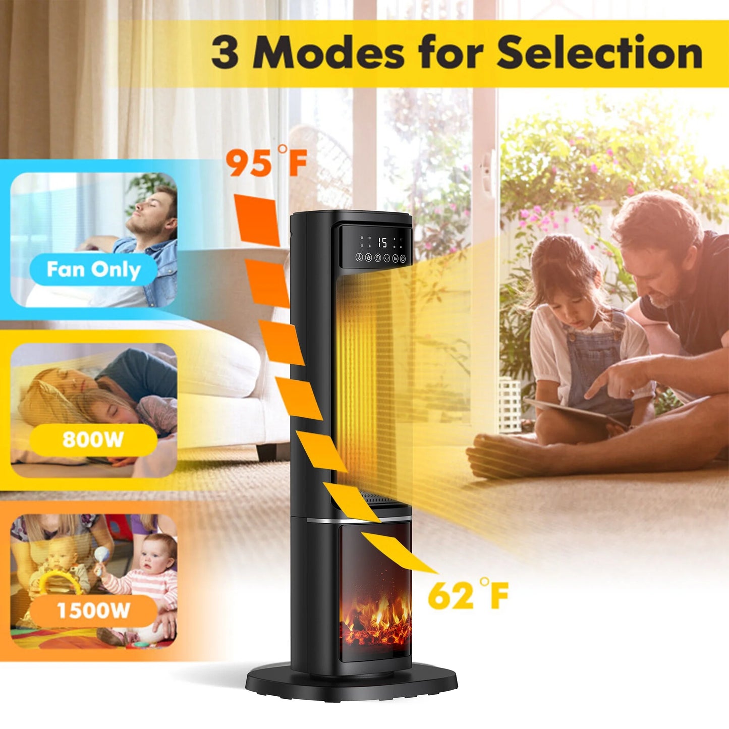 1500W Electric Space Heater with PTC Fast Heating, Ceramic Design, and 3D Realistic Flame for Office, Bedroom, and Home Safety