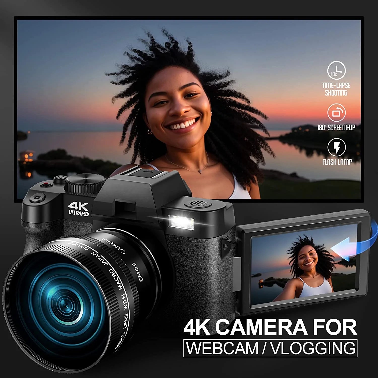 4K Ultra HD 48MP All-In-One Vlogging Camera with Wide Angle Lens, 16X Digital Zoom, and 3-Inch Display