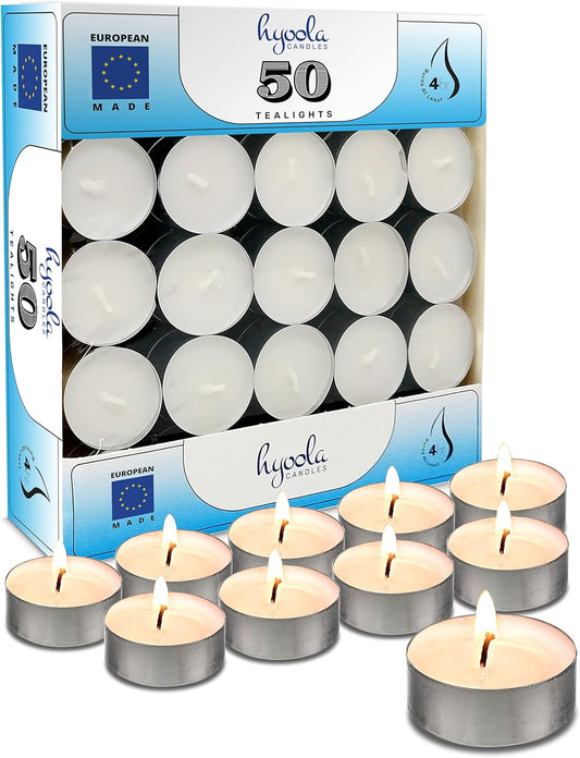 Hyoola Bulk Tea Light Candles - 50 Pack of Natural Palm Oil Unscented Candles - European Quality - 4 Hour Burn Time