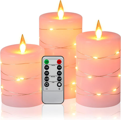 Flameless LED Candles with String Lights, Battery Operated, Flickering Effect, Remote Control and Timer, Real Wax, Set of 3 - Ivory