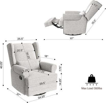 Swivel Nursery Glider Recliner, Comfy Upholstered Glider Chair with Lumbar Pillow and Footrest, Swivel Rocking Chair for Living Room, Grey