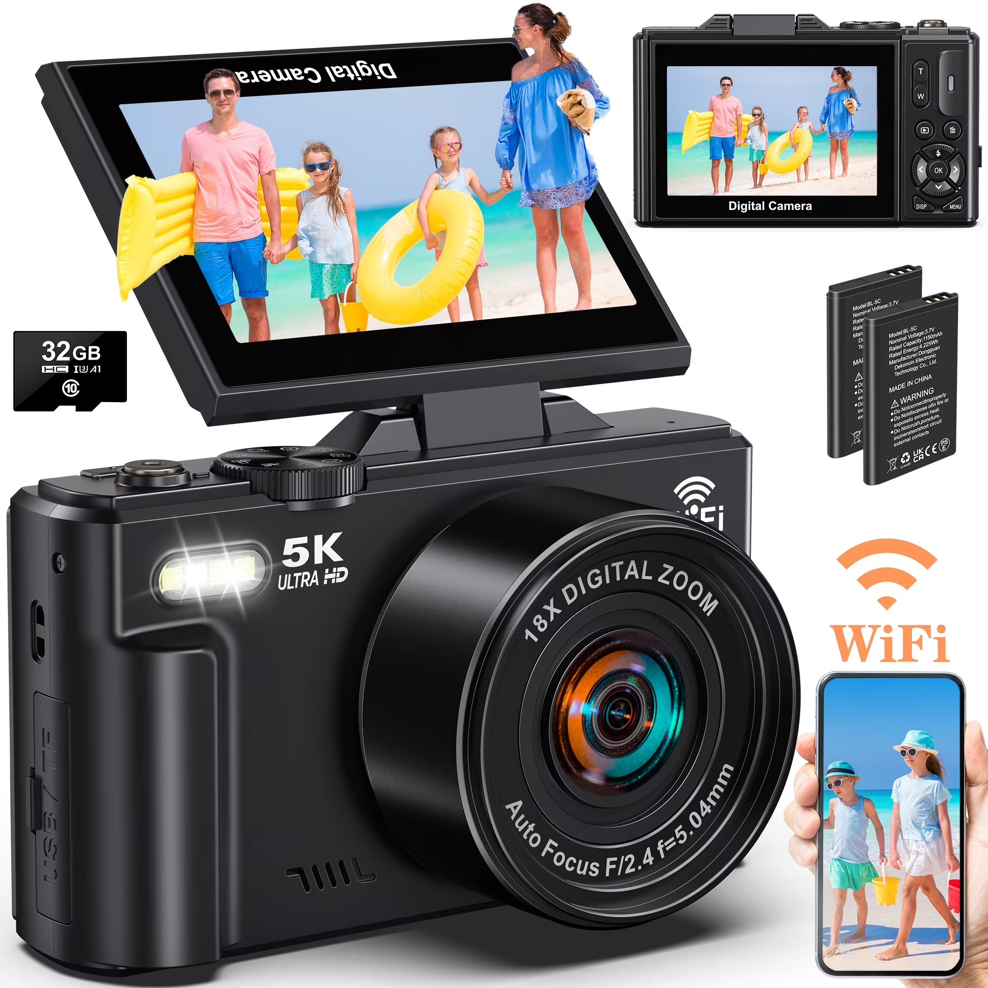 5K Digital Camera with 75MP Resolution, WiFi Connectivity, 18X Zoom, Autofocus, Flip Screen, and 32GB Memory Card for Vlogging and Photography