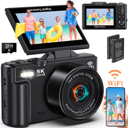 5K Digital Camera with 75MP Resolution, WiFi Connectivity, 18X Zoom, Autofocus, Flip Screen, and 32GB Memory Card for Vlogging and Photography