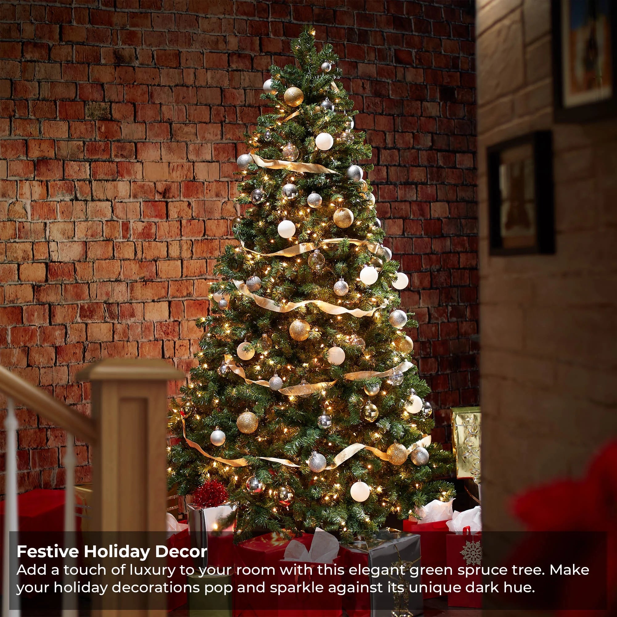 9FT Pre-Lit Realistic Green Spruce Artificial Christmas Tree, Stand