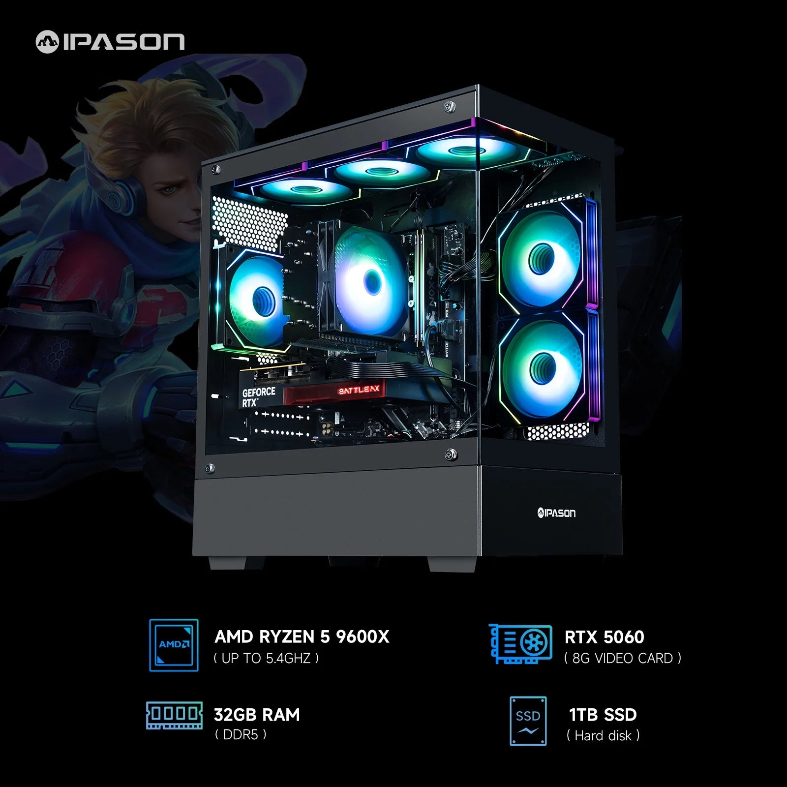 Xelra Gaming Desktop PC - AMD Ryzen 5 9600X, GeForce RTX 5060, 32GB DDR5, 1TB NVMe SSD, Wi-Fi, Windows 11 Home - Prebuilt Gaming Computer