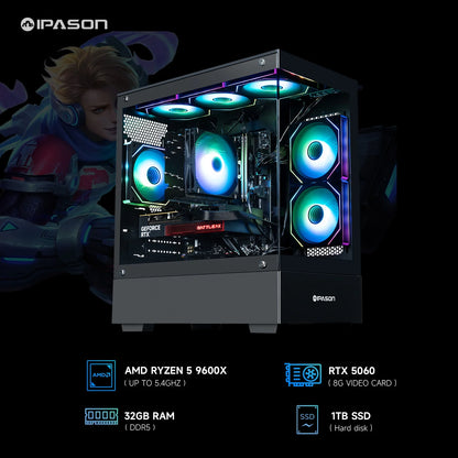 Xelra Gaming Desktop PC - AMD Ryzen 5 9600X, GeForce RTX 5060, 32GB DDR5, 1TB NVMe SSD, Wi-Fi, Windows 11 Home - Prebuilt Gaming Computer