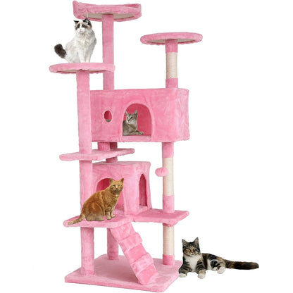 54In Kitten Activity House with Cat Scratching Posts Stand House Cat Condo with Funny Toys Pink