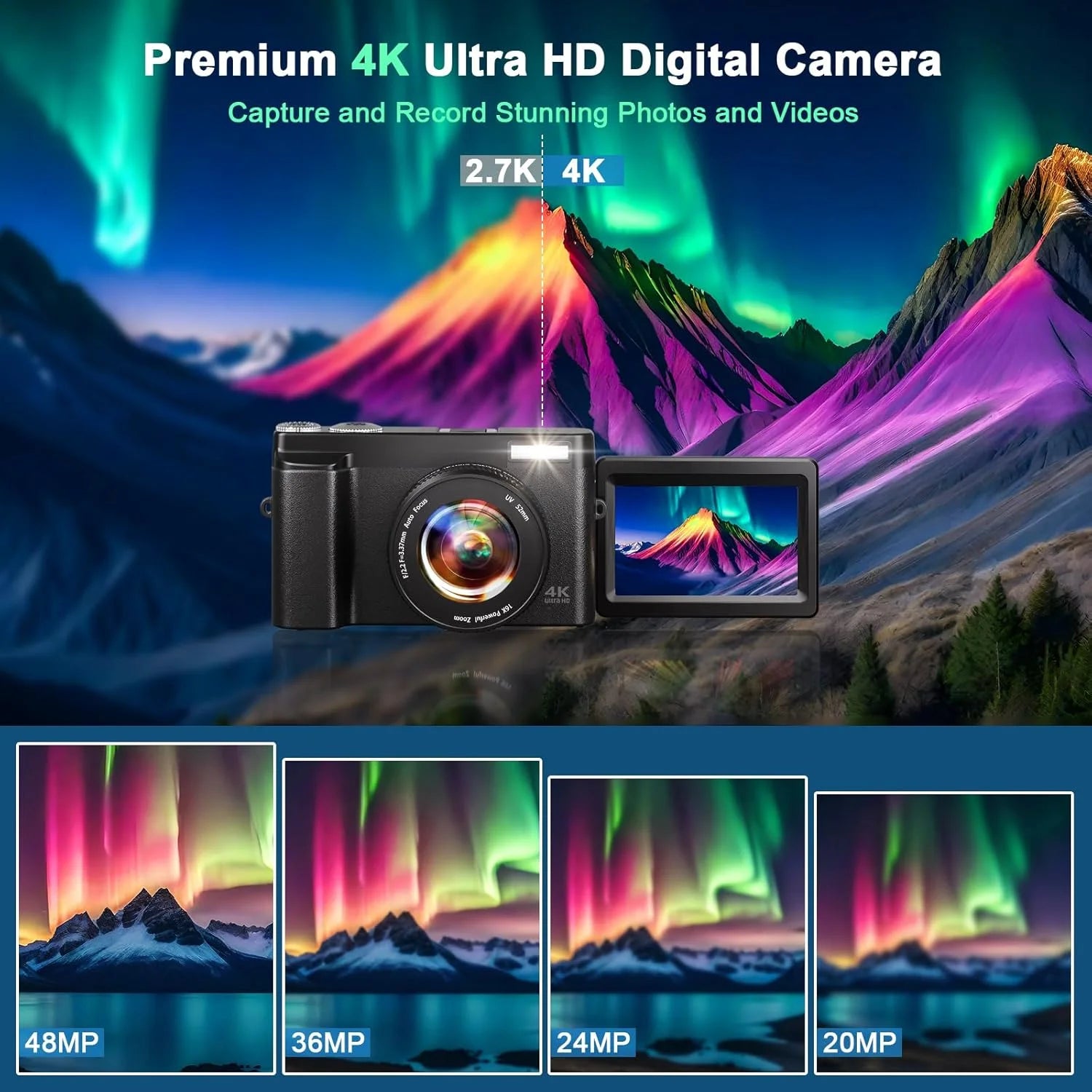 4K 48MP Digital Vlogging Camera with Autofocus and 16X Zoom, Includes 32GB SD Card for YouTube Content Creation