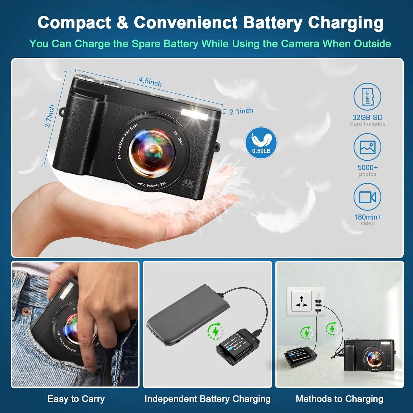 4K 48MP Digital Vlogging Camera with Autofocus and 16X Zoom, Includes 32GB SD Card for YouTube Content Creation